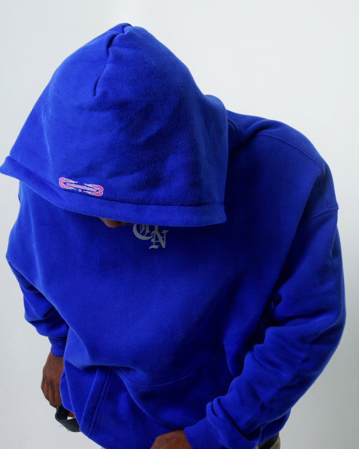 Close-up of the Royal Blue Hoodie hood and chest logo