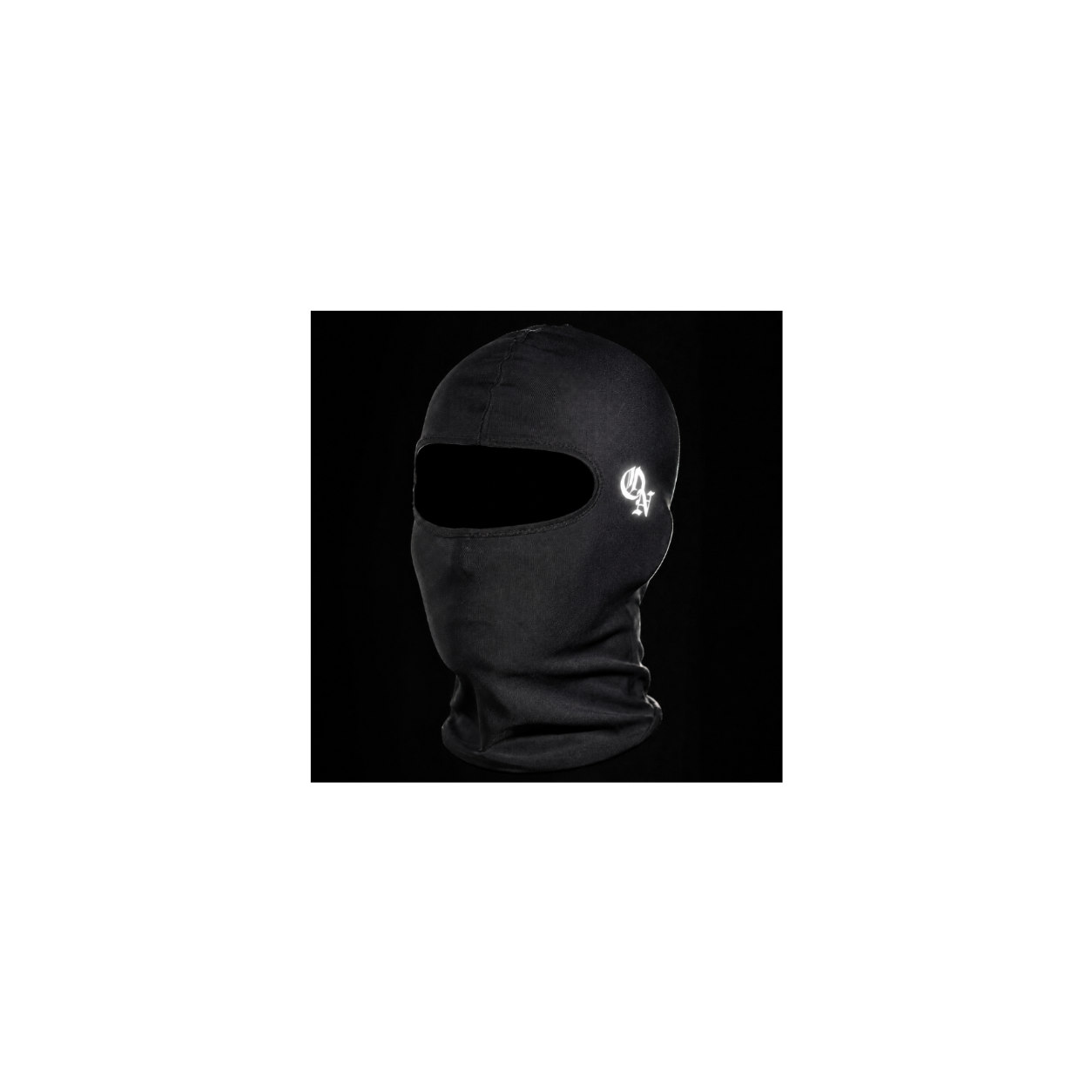 Black balaclava face mask with a reflective white logo on the side.
