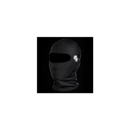 Black balaclava face mask with a reflective white logo on the side.