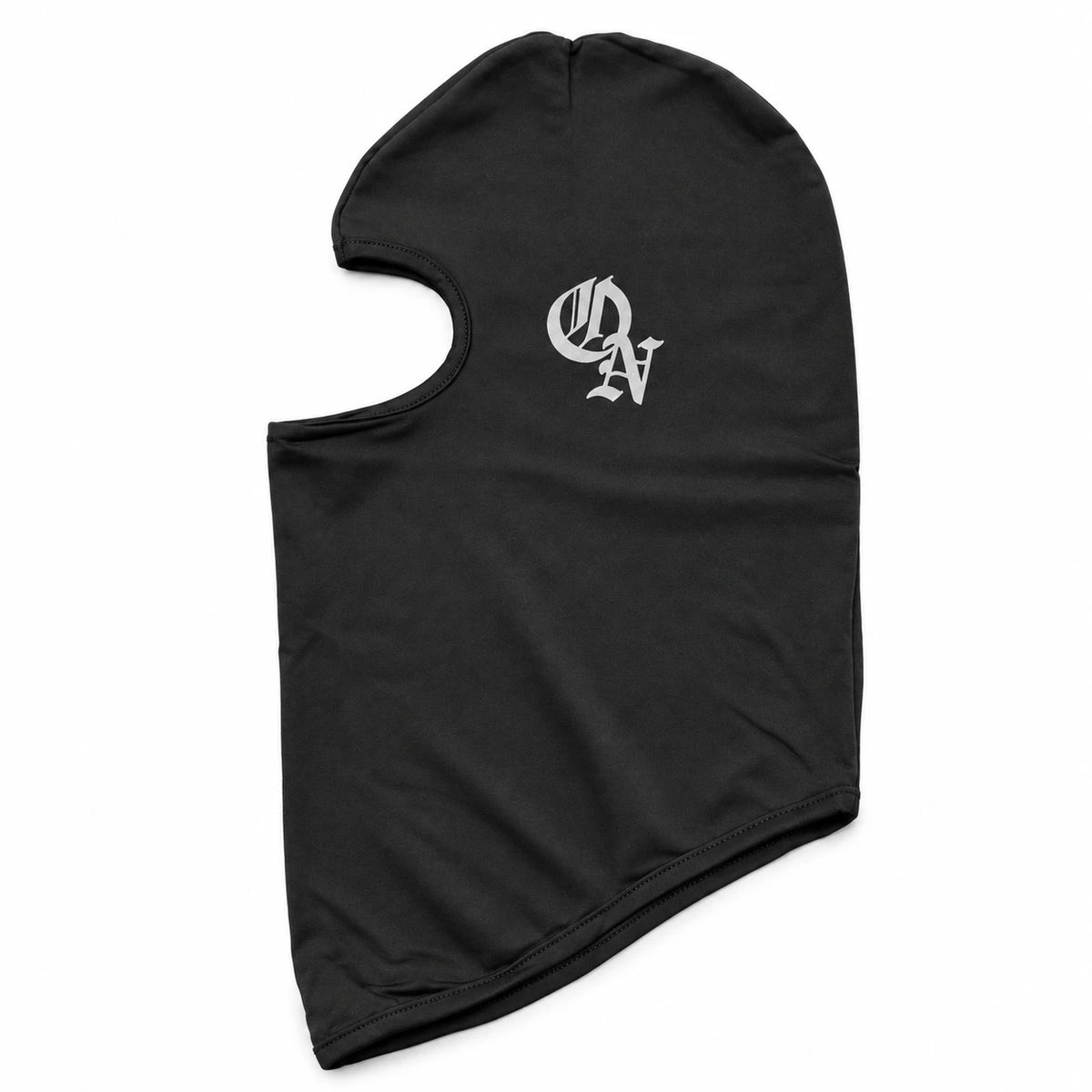 Black balaclava laid flat, other side, with the reflective ON logo
