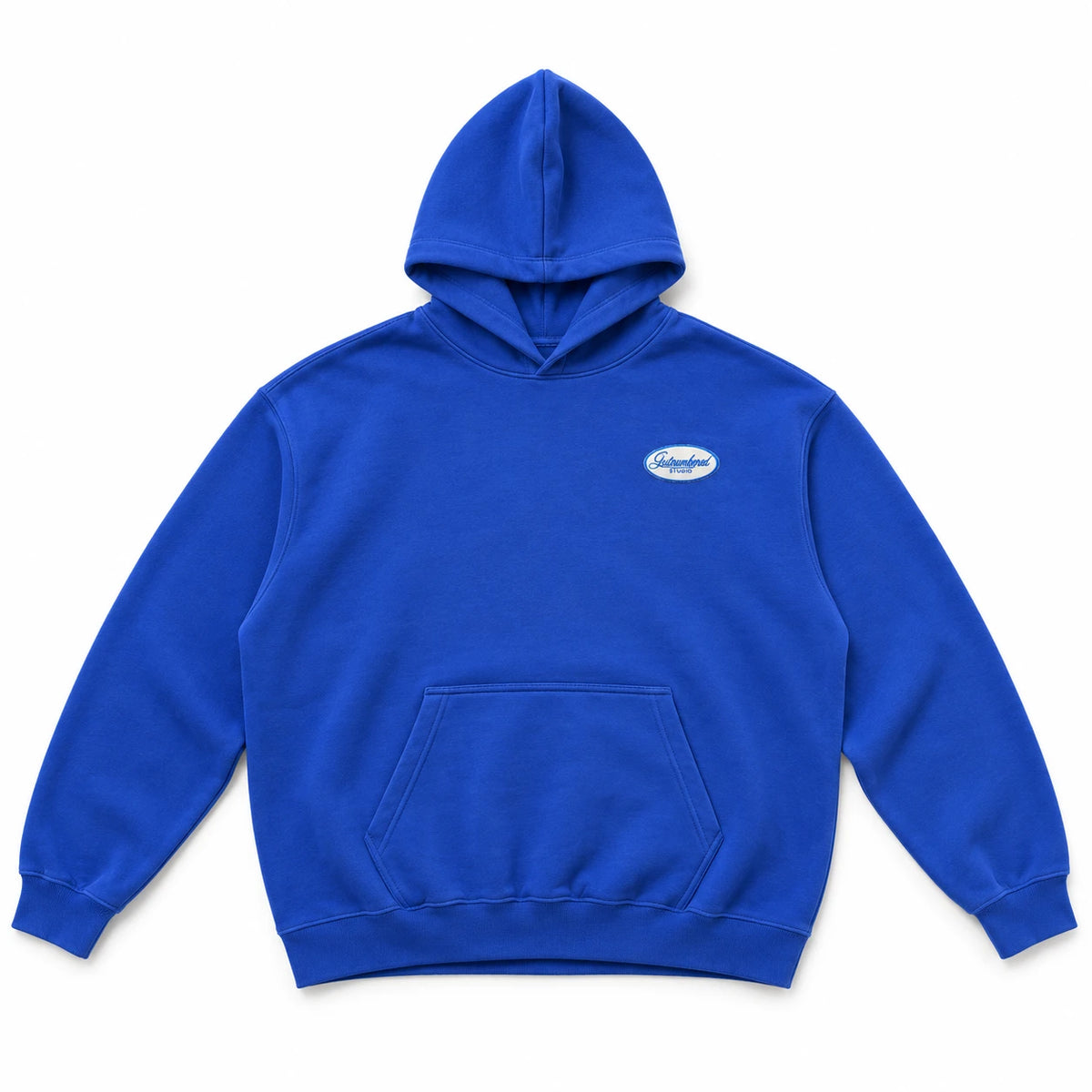 Royal Blue Hoodie with Patch, front, with the Outnumbered Studio patch on the left chest